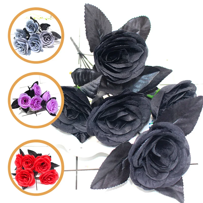 5 Heads Artificial Rose Flowers Black Red Gray Valentine Halloween Decorations Simulation Rose Plant Party Table Decor Bouquet