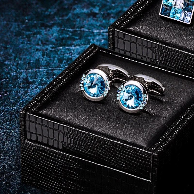 

KFLK Shirt Small Cufflink for Unisex Brand Blue Crystal Cuff link Button High Quality Luxury Wedding Groom Guests