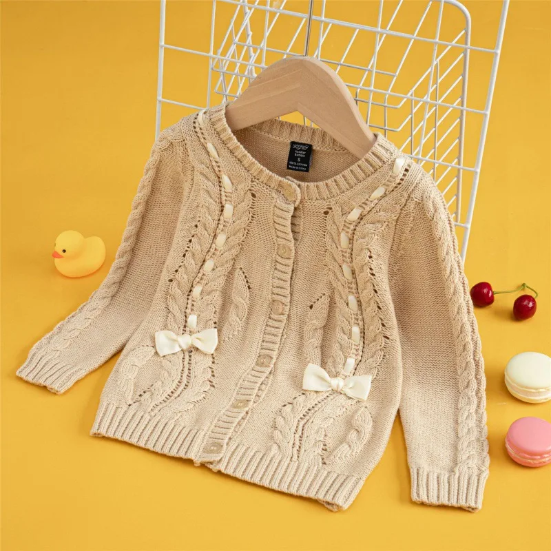 

0-3yrs Bow Baby Girls Sweaters Unisex Khaki Spring Coat Knited Sweaters Cardigan Jacket 1 2 3 Years Old Toddler Clothes 225433