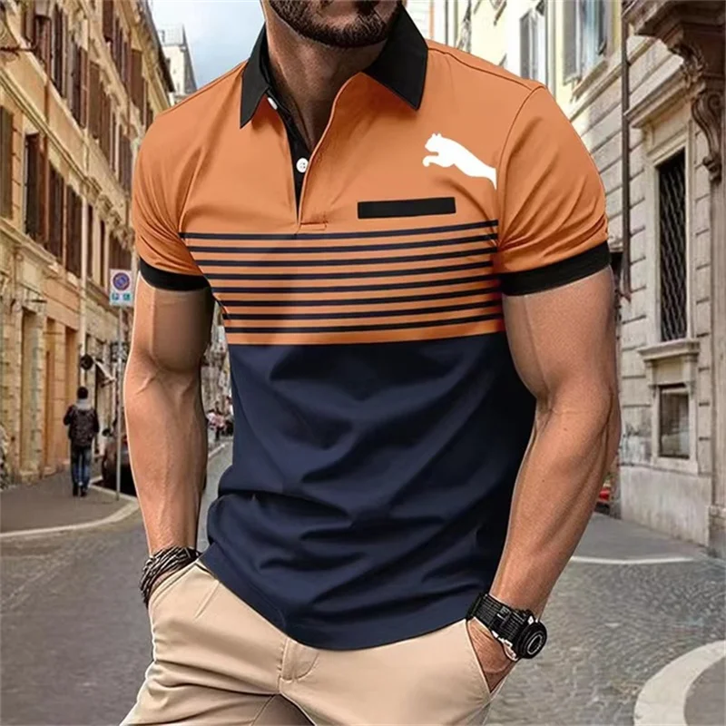 Fashionable Minimalist Striped Printed Men Polo T-shirt Summer Trend Golf Clothing Casual Lapel Short Sleeve Shirt Oversized Top