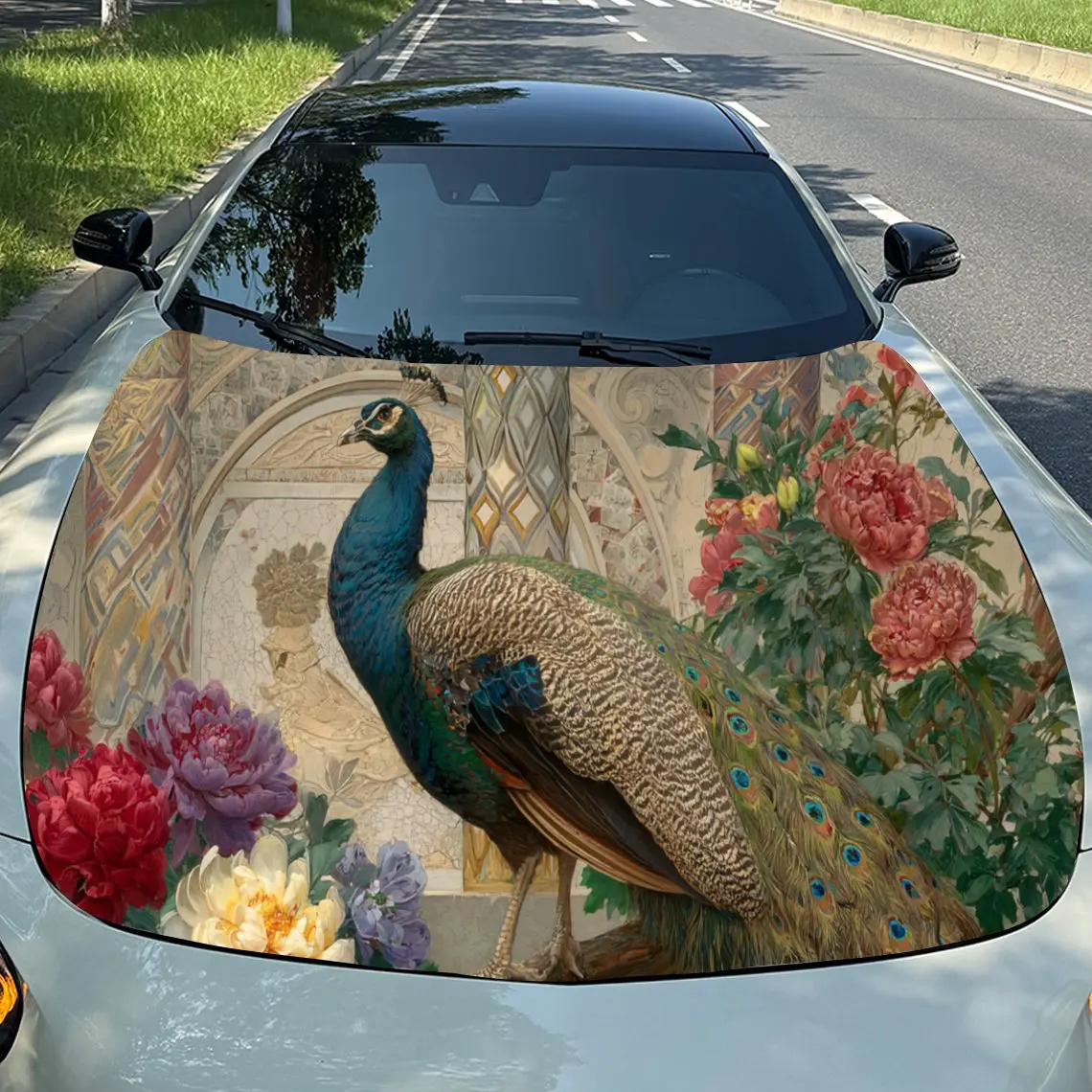 Romantic Floral Peacock Car Hood Stickers - Self-Adhesive, Waterproof and Durable Vinyl Wrap, Decorate And Protect Your Car, Fit