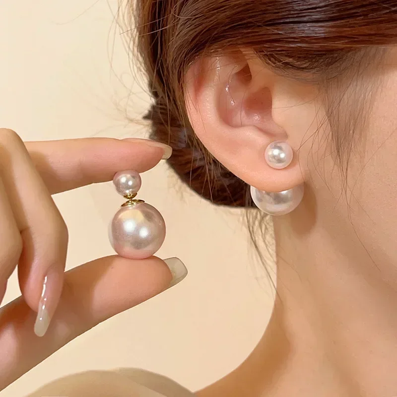 Imitation Pearl Double Side Round Bead Earring Stud For Women Black Silver Color Beads Cute Girls Hot Statement Earrings Jewelry