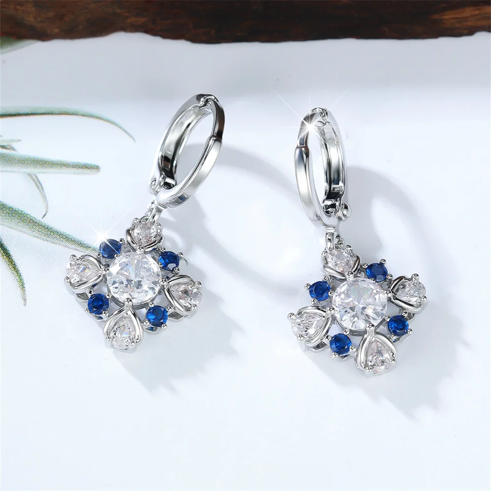 Luxury Crystal Round Stone Pendant Blue Zircon Hoop Earrings For Women Vintage Silver Color Ear Buckle Wedding Jewelry Gifts