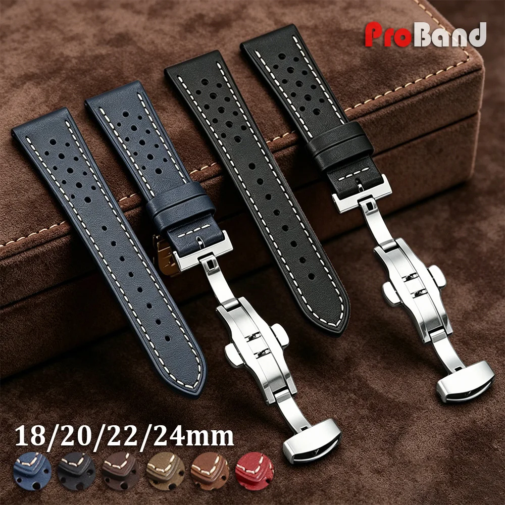 

18mm 20mm 22mm 24mm Breathable Porous Butterfly Buckle Bracelet Vintage Racing Cowhide Watch Straps Handmade Universal Watchband
