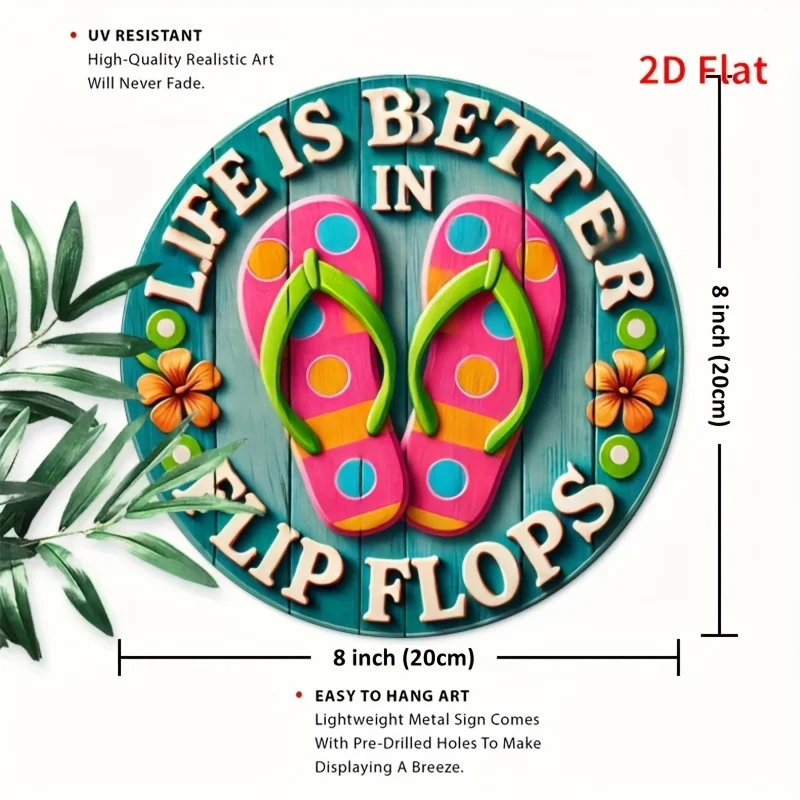2D Flat Print, 1pc, 8x8 Inch Aluminum Metal Logo Flip-flops Floral Logo, Store Decor, Outdoor Decor, Interior Decor, Summer Flip
