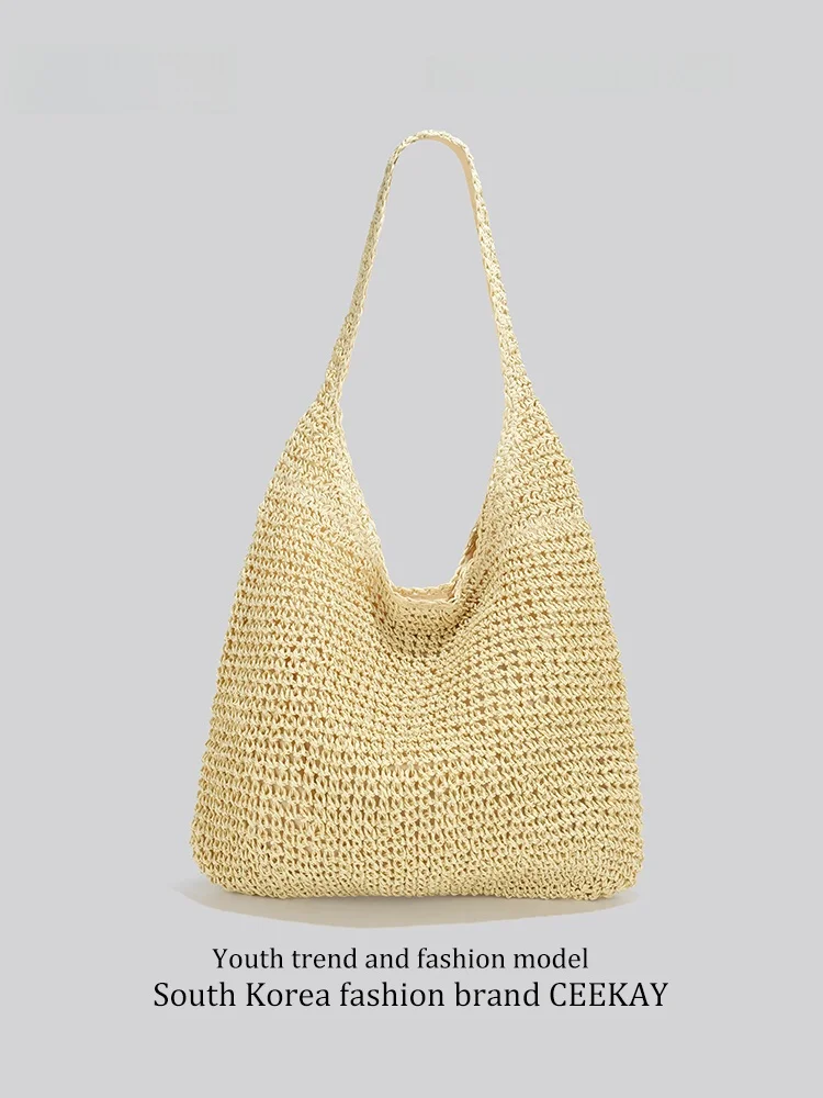 

Ceekay Summer Beach Vacation Travel Straw Woven Tote Bag Single Shoulder Bag Women's New Large Capacity Casual Simple Style