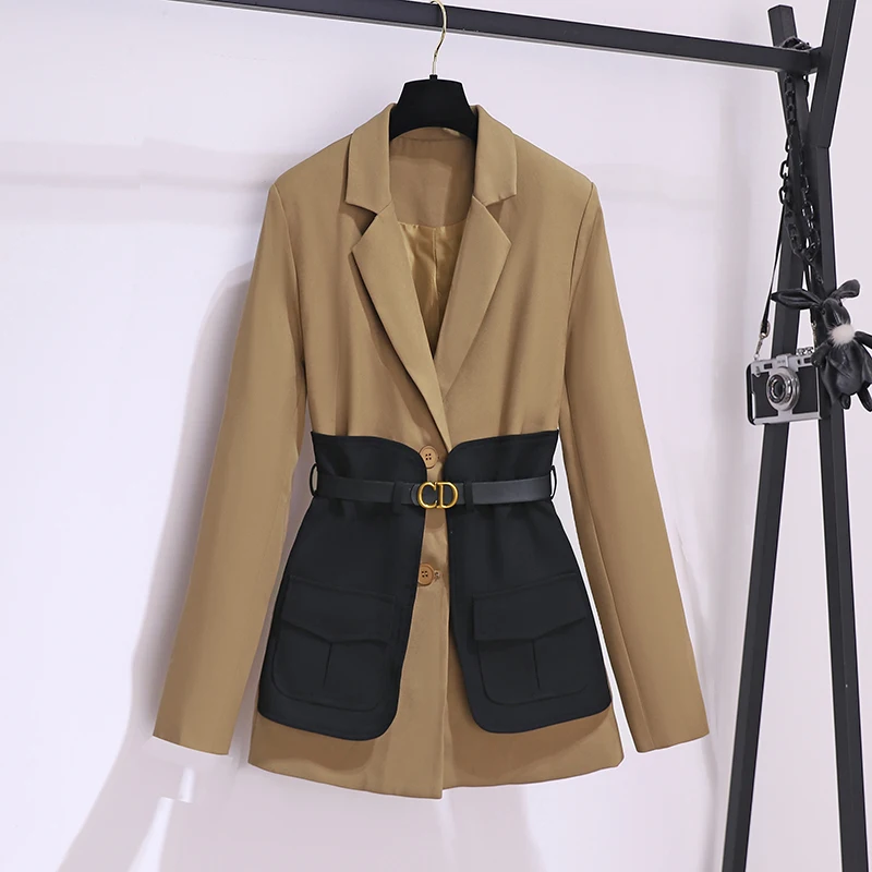 Chic Patchwork Blazers Women Spring Autumn Notched Long Sleeve Suit Jackets With Belt Office Lady Blazer Feminino