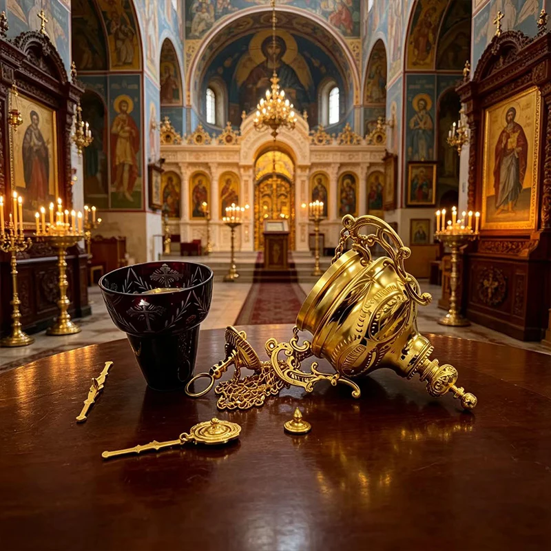 

Luxury Gold Plated Orthodox Hanging Incense Burner Censer with Purple Glass Insert for Church Liturgy Home Altar Christian Gift