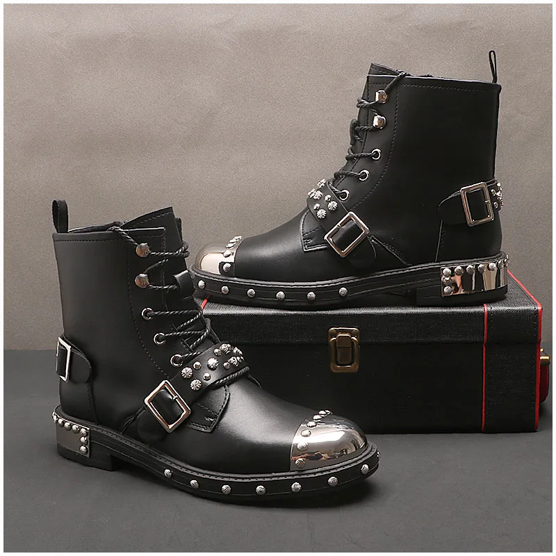 mens luxury fashion punk goth dress high motorcycle boots lace-up original leather rivets shoes cowboy platform long botas mans
