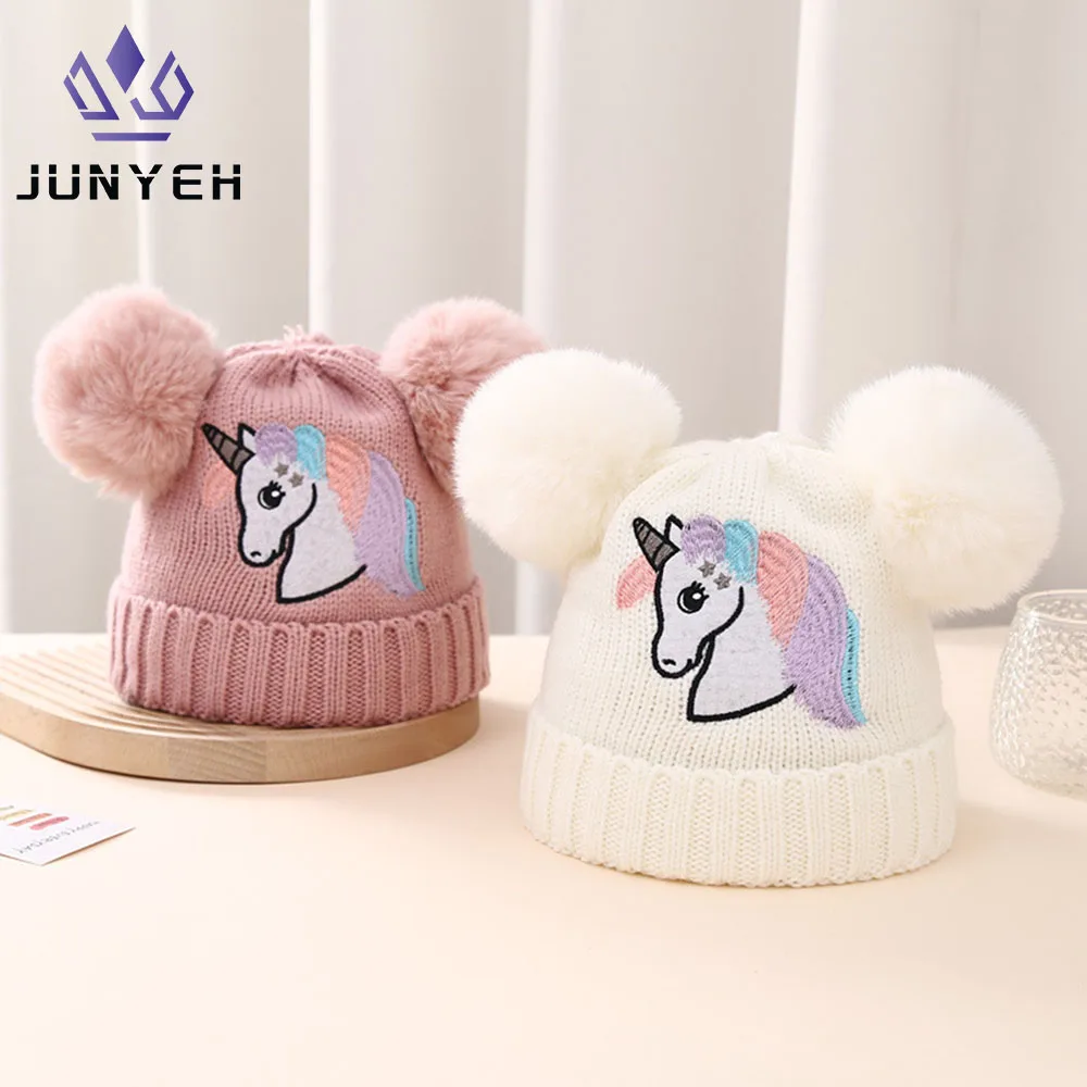 Unicorn Pattern Beanie Embroidered Toddler Baby Knit Hat Winter Pom Hats Warm Cap For Boys Girls 1-4 Years Old