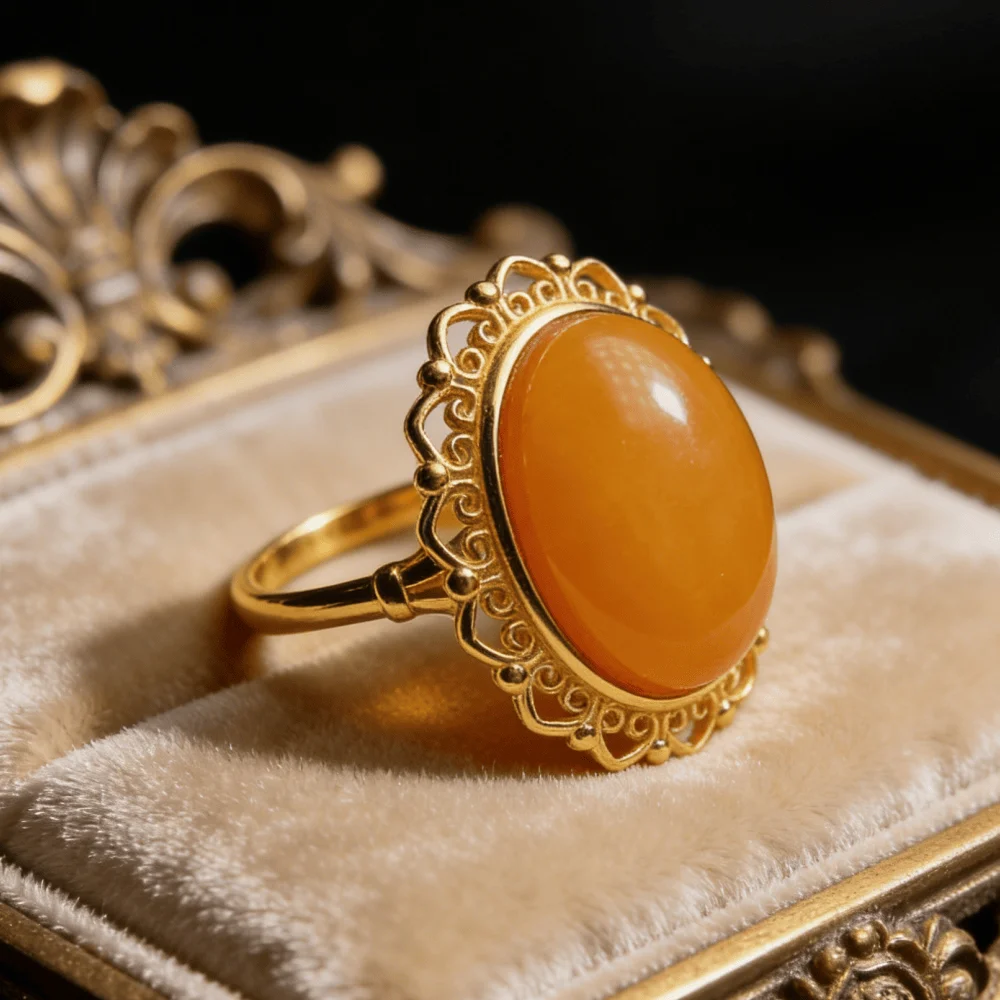

Sterling Silver Ring with Natural Amber Vintage Luxury Scroll Pattern Openwork Bezel Setting 17.5x13.5x6.6mm for Women