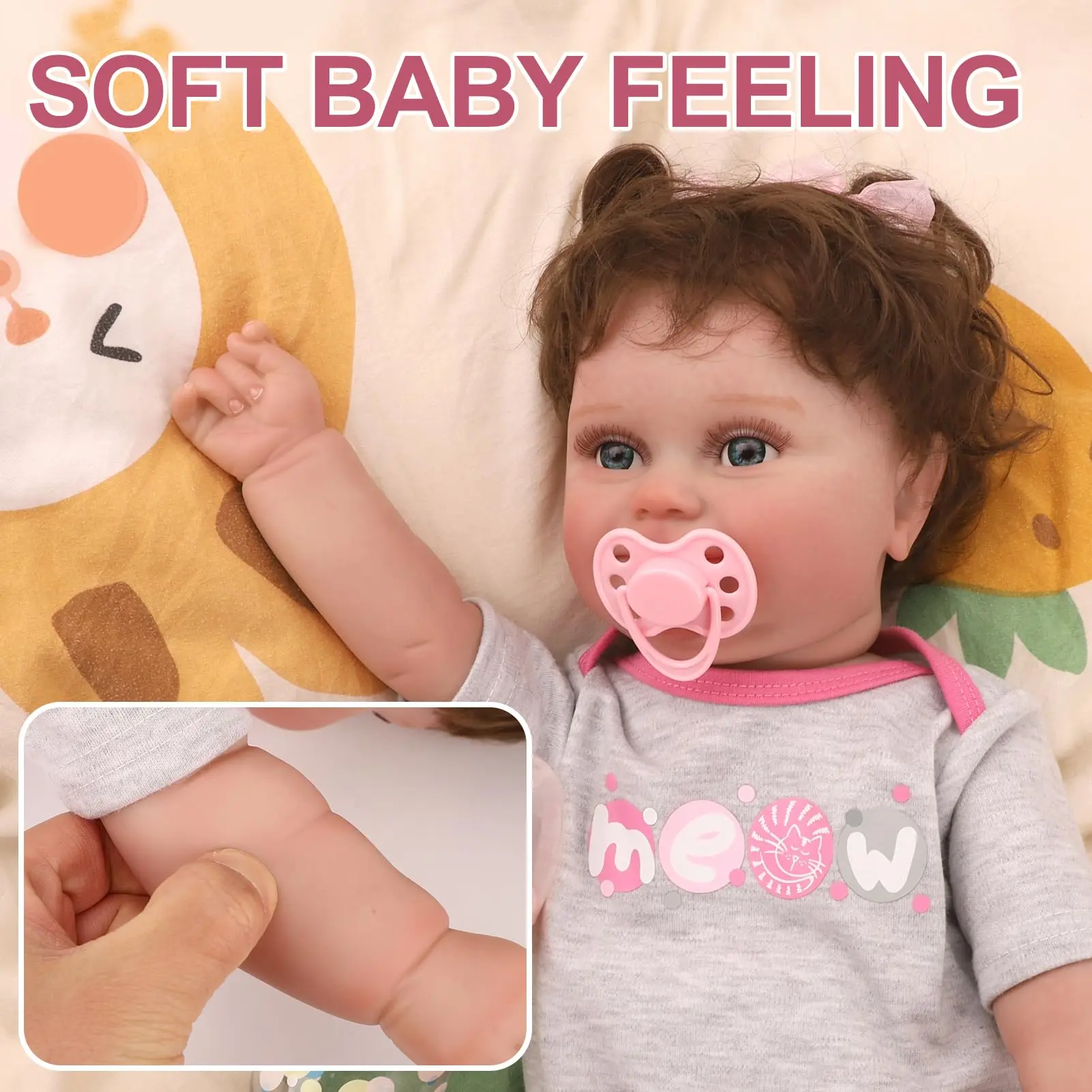 18-inch Vinyl Reborn Doll | Brown Curly Hair, Blue Eyes, Exquisite Facial Features, Cute Smiling Face, Poseable, Gift Box