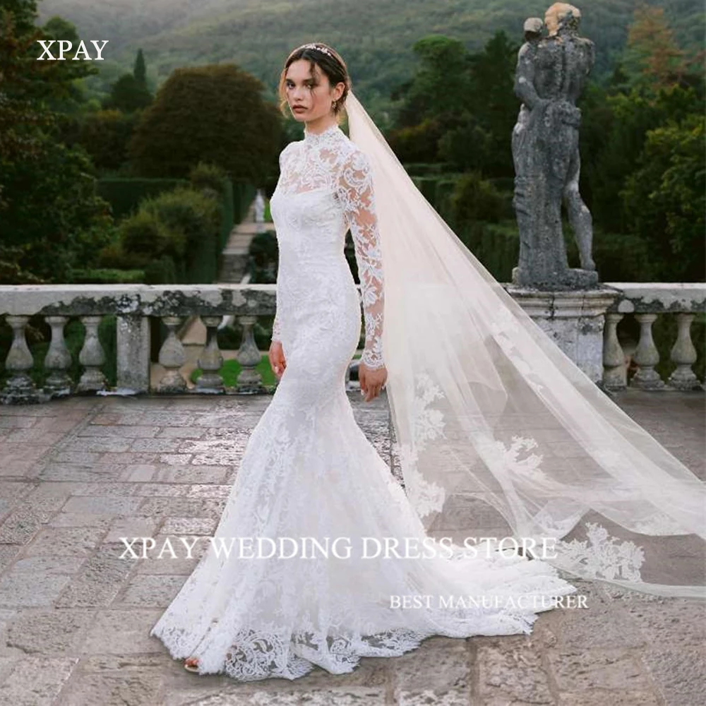 XPAY Classic Mermaid Full Lace Wedding Dresses Detchable Short Modest Long Sleeves High Neck Bridal Gowns With Veil Long