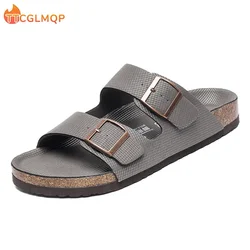 New Summer Cork Sandals Men's Flock Faux Suede Mule Clogs Slippers Brown Classic Buckle Cork Slides Slippers For Men Slippers
