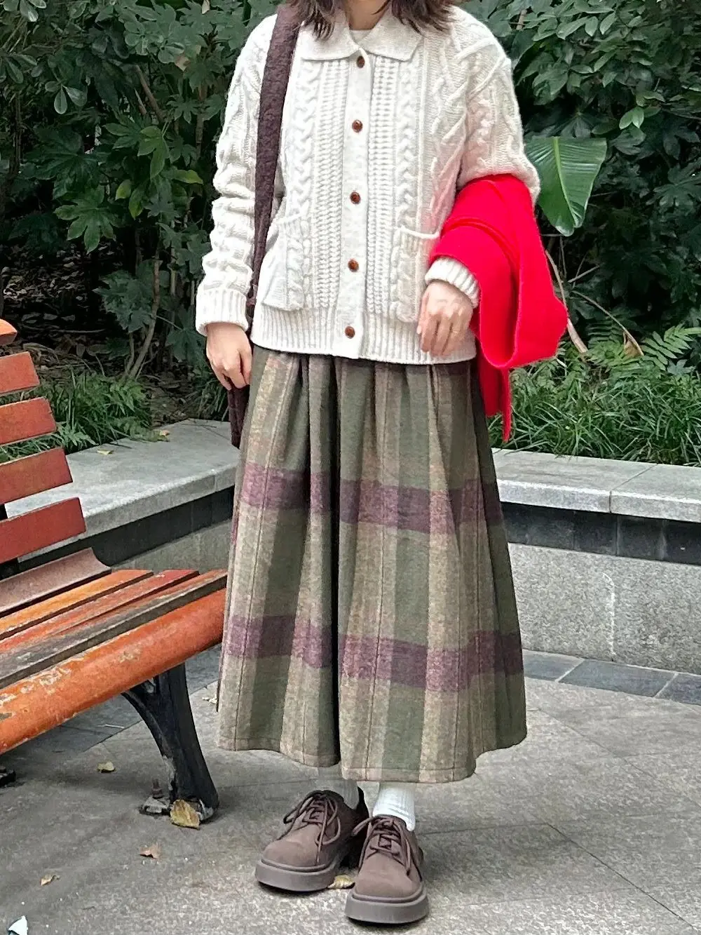 Women Green Plaid Faux Wool Midi Skirt - Winter Warm A-line Vintage Style Midi Skirt Sweet Students Girls Elastic Waist Japanese
