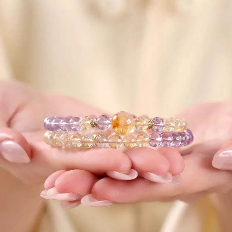 Chinese Style Lucky Blessing 6mm Amethyst Citrine Double Layer Beaded Bracelet Wealth Attracting Good Luck Crystal Jewelry Gift