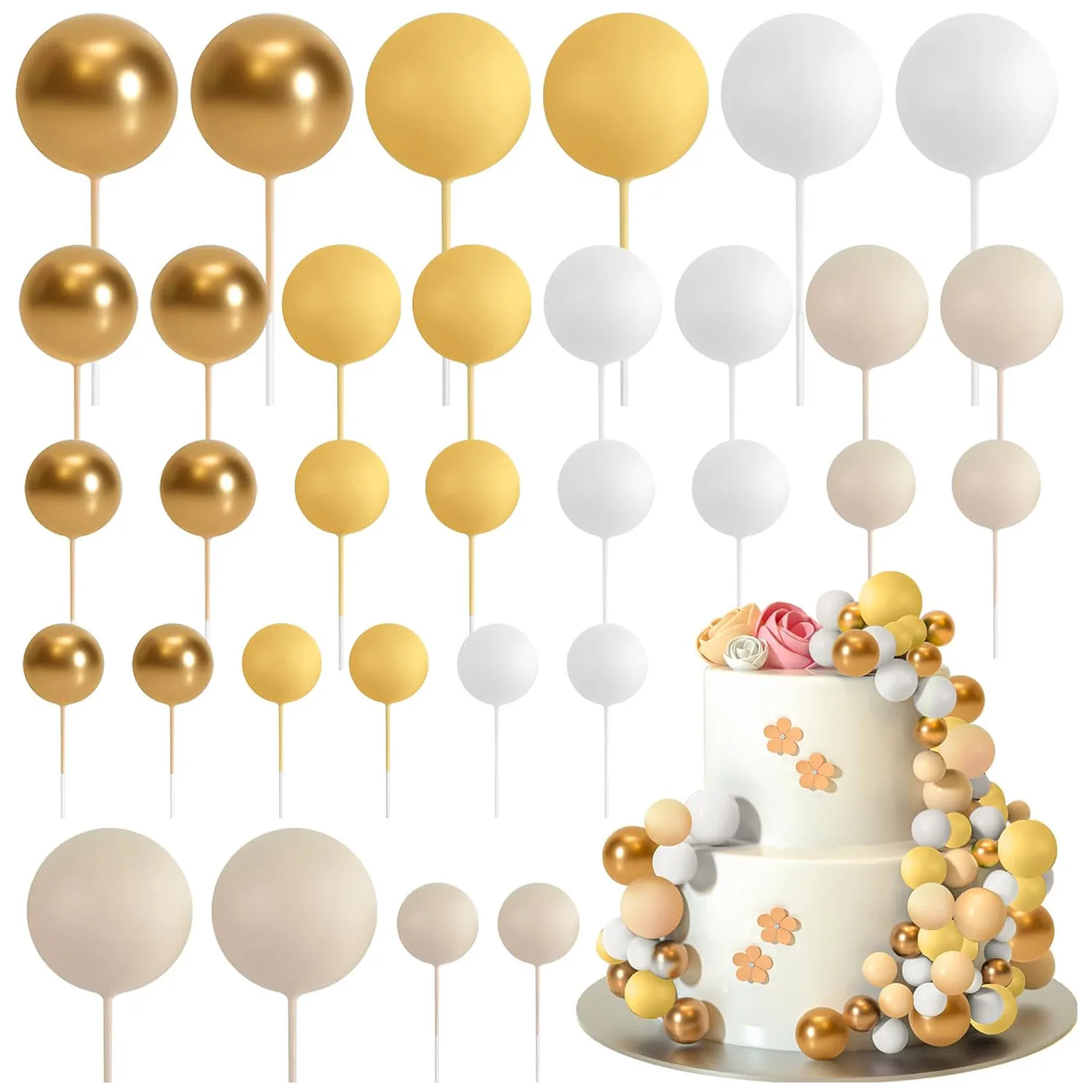 32pcs Gold Yellow Cake Topper Gold Foam Balls DIY Insert Cake Decoration for Baby Shower Birthday Party  Cake Decorationion