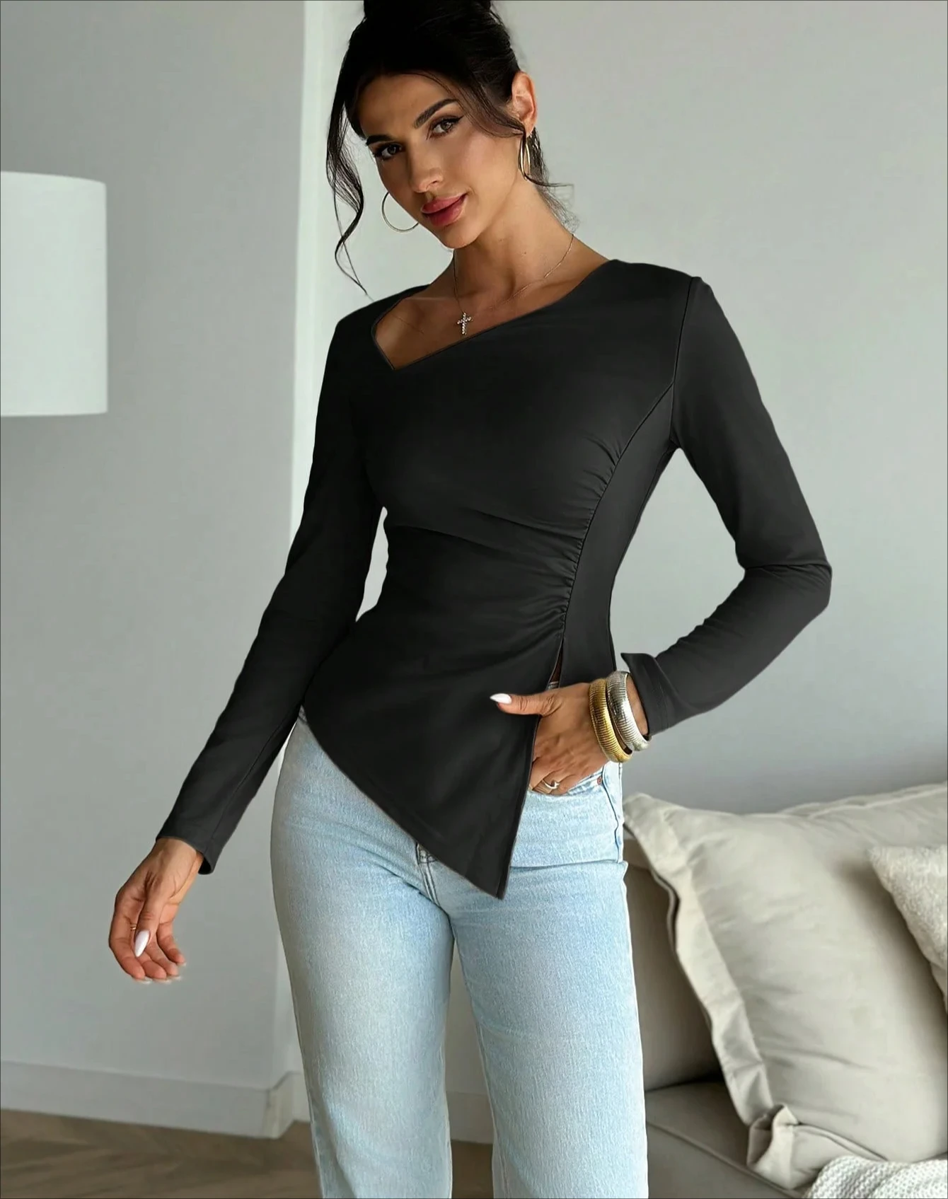 

Elegant Solid Color Long Sleeve T-Shirt Autumn Winter Street Style Simple Waist Troops Hem Tight Top for Women