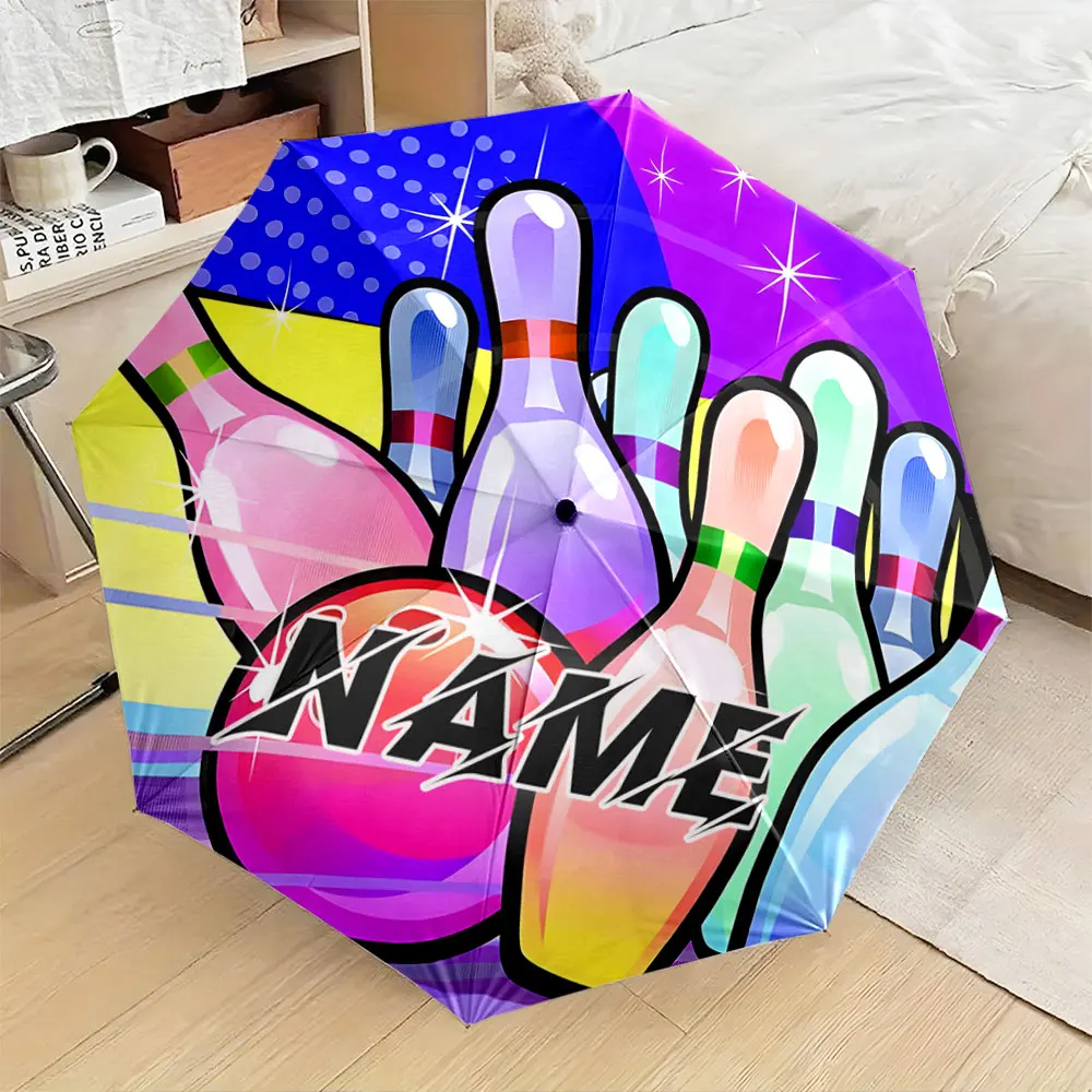 Custom Name Umbrella, Colorful Bowling Pins and Ball Graphic Design Umbrella Folding Umbrella for Sunny and Rainy,Gift