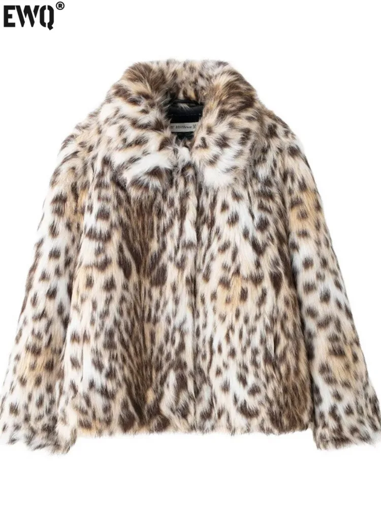 [EWQ] American Fashion Long Sleeve Lapel Leopard Print Faux Fur Coat Women Winter Keep Warm Thick Coats 2024 Autumn New 16O2995