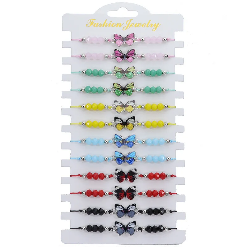 

12 Pieces Fashionable Multi-Color Crystal Butterfly Beaded Bracelets For Women's Minimalist Hand Woven Adjustable Bracelets Gift