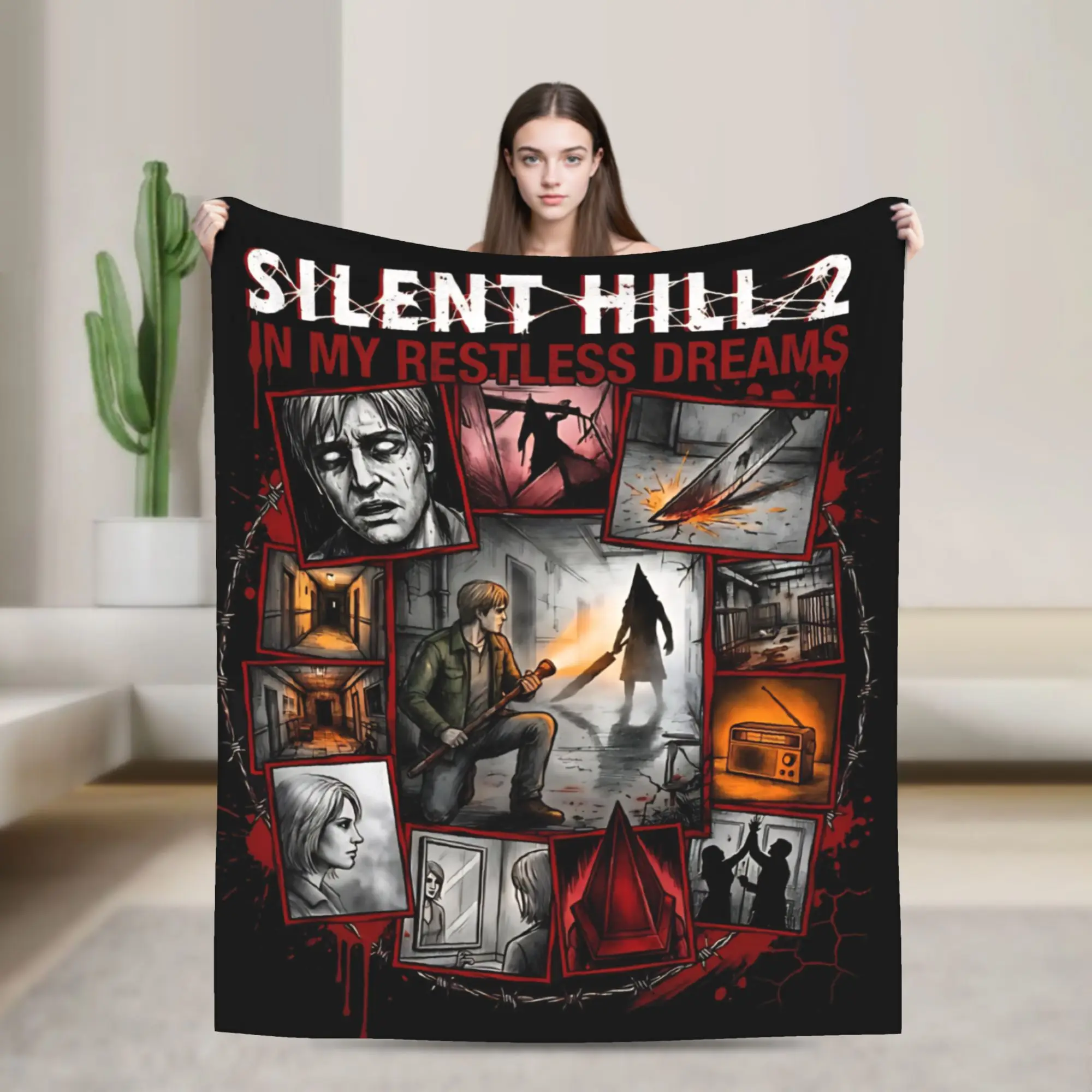 Pyramid Head Silent Hill 2 Collage Flannel Blanket Spring Super Warm Throw Blanket for Students Outdoor Bedspread Sofa Bed Cover