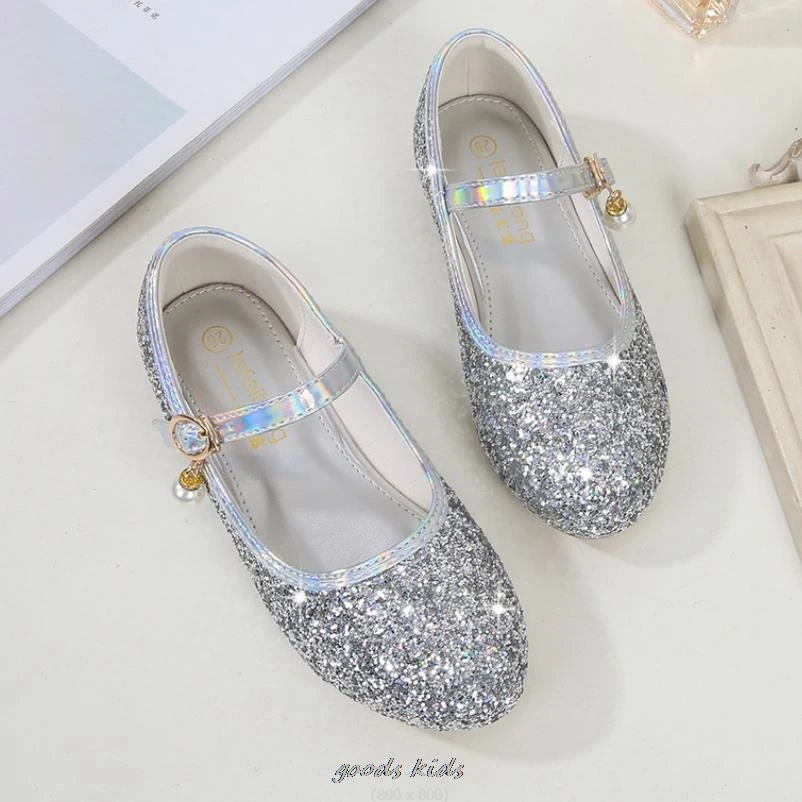 Frozen Elsa Princess Shoes Round Toe Sequin Beads Flat Gold Silvers Shining Casual Shoes Europe Size 23-38