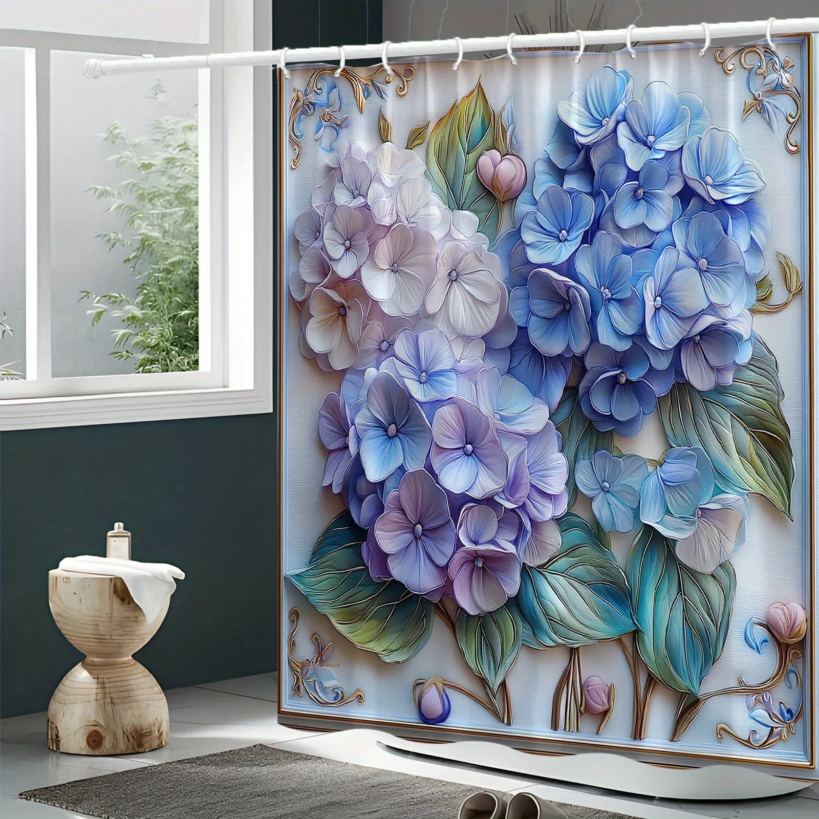 ~O~Elegant Hydrangea Shower Curtain - Golden Frame, Lush Green Leaves, Soft Pastel Blue & Purple,  Machine Washable, Bath Decor