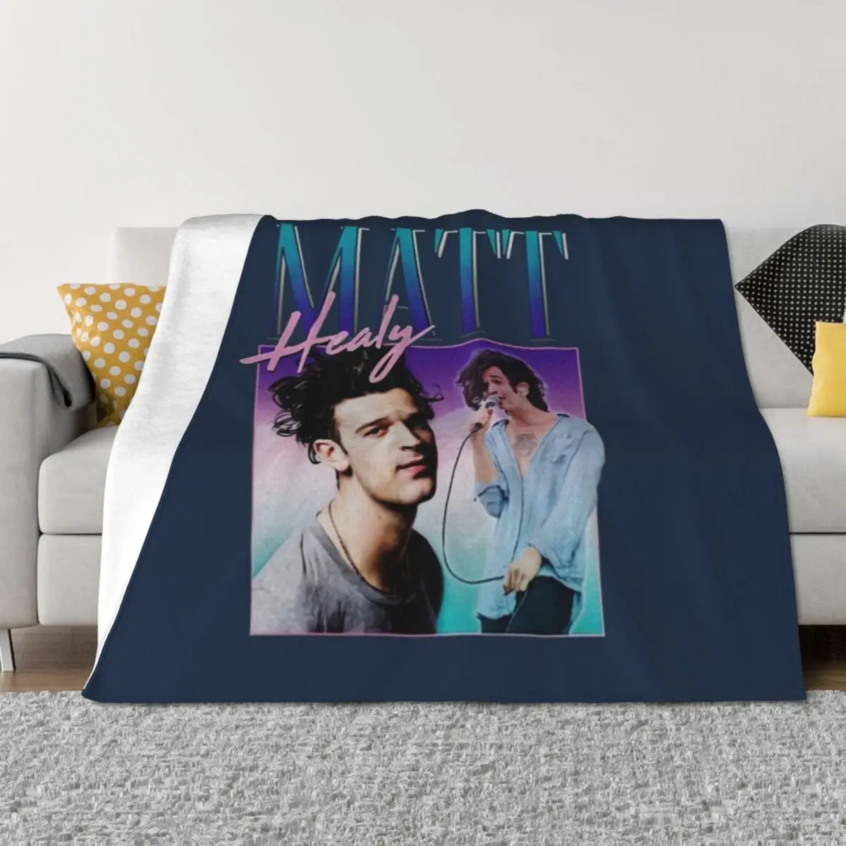

Matt Healy Homage Funny Matty 1975 Retro 90's 80's Party Throw Blanket Sofa Quilt Large Flannel Plaid Blankets