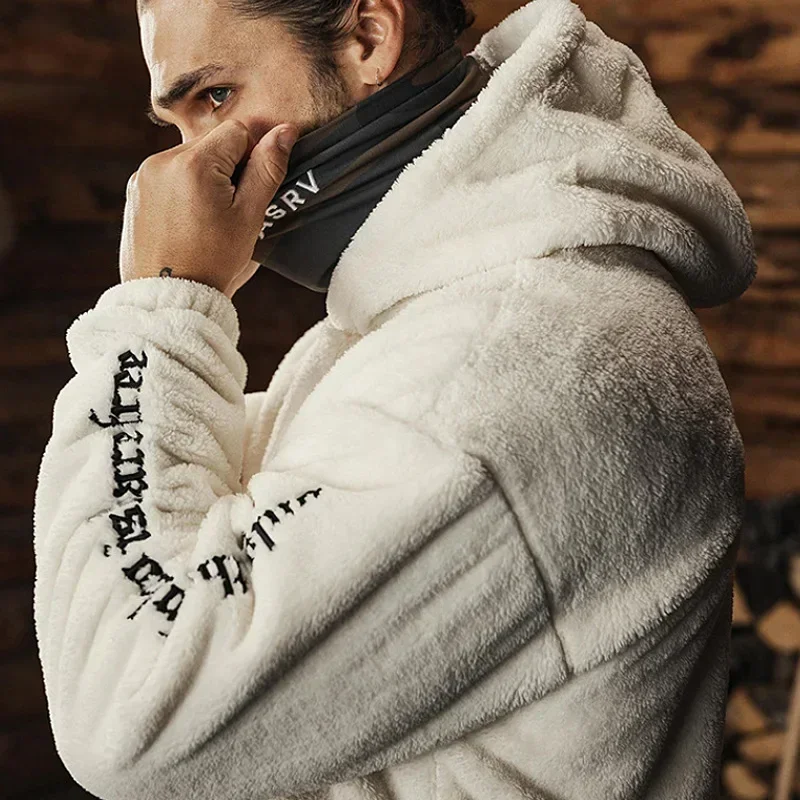 2025 Autumn and Winter Men's Warm Wool Hooded Sweatshirt Letter Print Casual Pullover Kangaroo Pocket Hoodie Fleece Sweatshirts