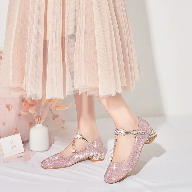 yqbtdl-nuova-estate-bambini-ragazza-tacchi-bassi-partito-bling-paillettes-panno-oro-nastro-rosa-scarpe-cinturino-alla-caviglia-principessa-bambini-pompe-2025