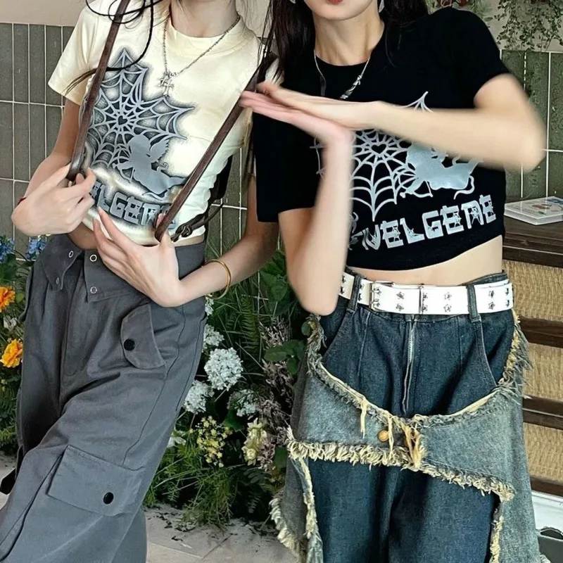 Top corto de algodón con estampado de araña Punk gótico para mujer, camiseta de manga corta de calle alta americana, camiseta de gran tamaño para niña y pareja