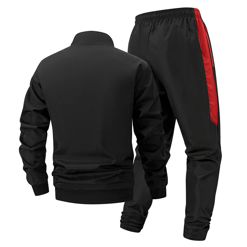 Bull Print Colorblock Sports Set for Men Outdoor Stand Collar Zip Up Jacket Coat Outwear Tops Pants Trousers with Zipper Pockets