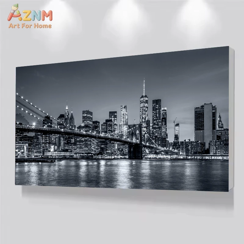 AZNM - Lienzo decorativo para pared con paisaje nocturno de la ciudad de Nueva York en blanco y negro, puente de Brooklyn, sin marco