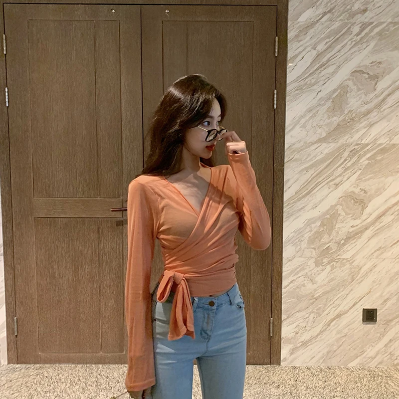Early Autumn New Korean Style Retro Sexy V Neck Cross Tie Thin Long Sleeve T Shirt Cardigan Sunscreen Shirt Short Type Fit Body