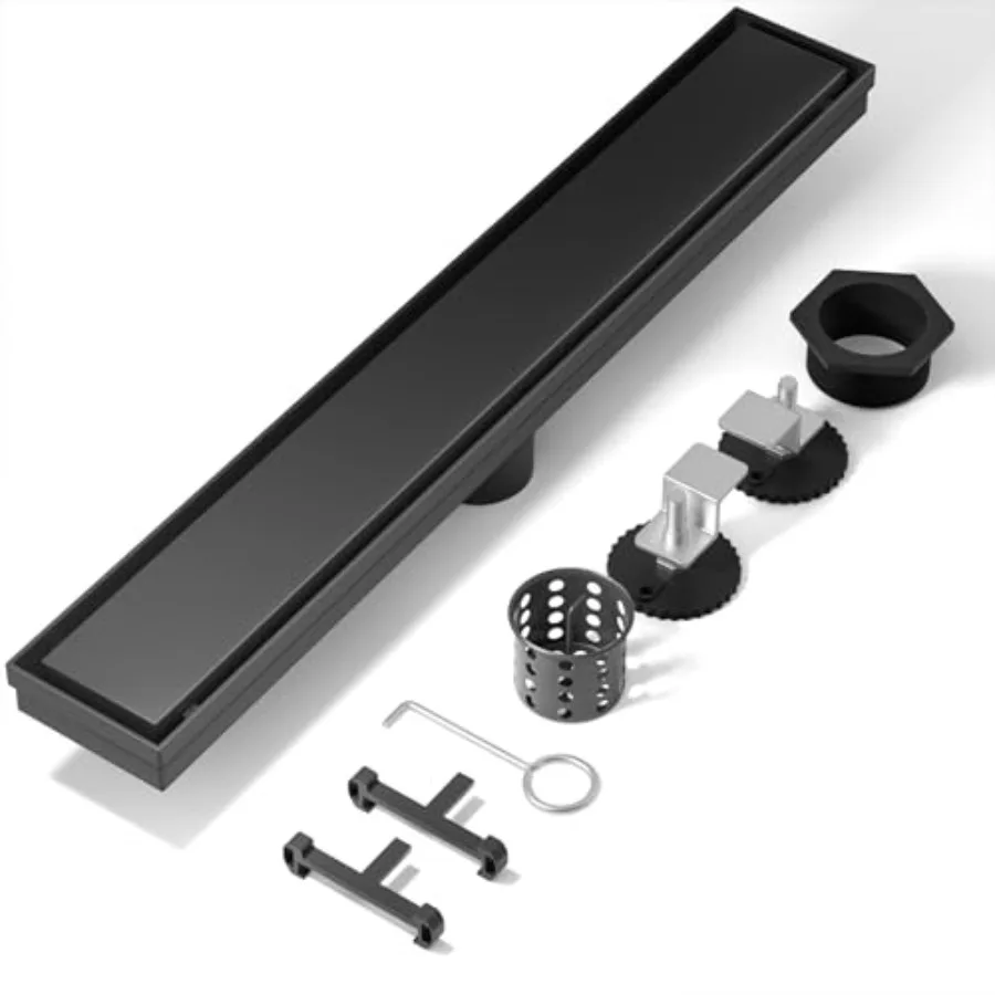 

Душевой трап из нержавеющей стали 304 с регулируемыми ножками, сеткой для волос и обратным монтажом для создания невидимого напольного слива - черный