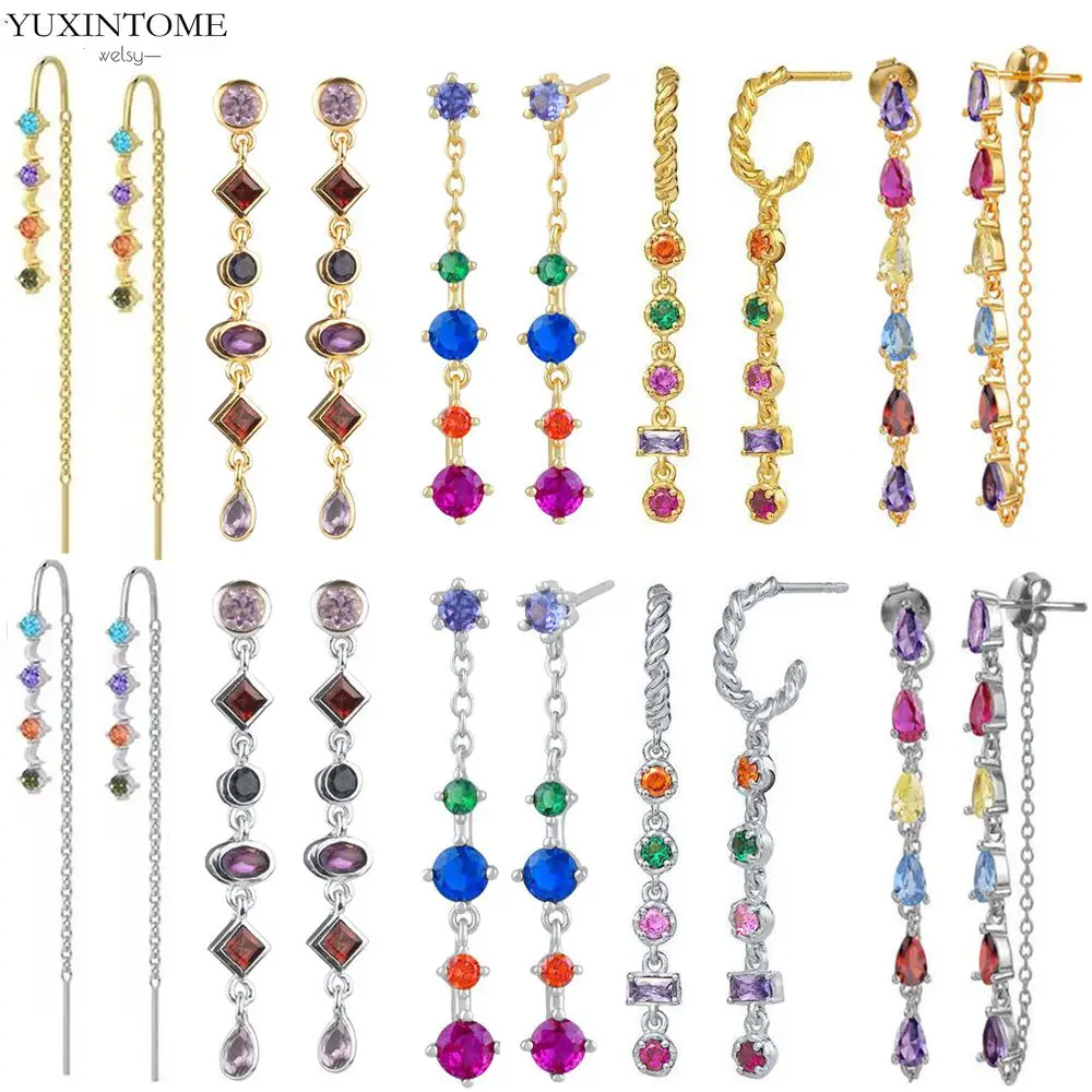 

925 Sterling Silver Needle Colorful Water drop Tassel Zircon Stud Earrings for Women Wedding Party Gold Earrings Fashion Jewelry