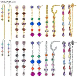 925 Sterling Silver Needle Colorful Water drop Tassel Zircon Stud Earrings for Women Wedding Party Gold Earrings Fashion Jewelry