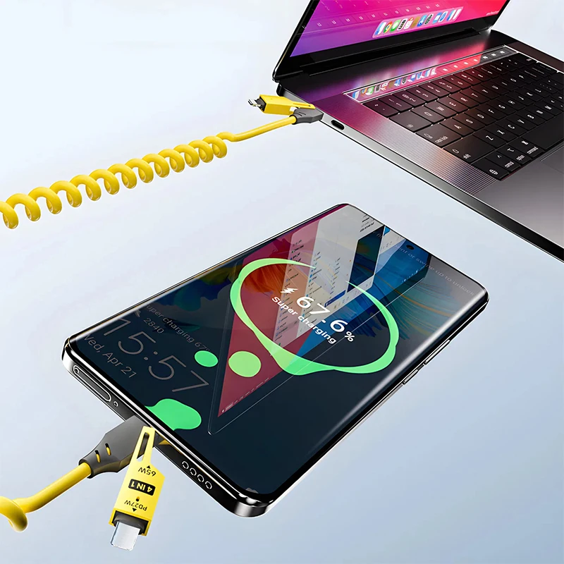 4 in 1 65W 27W Spring Short Data Cable 6A USB Type C Spring Telescopic Quick Charger Wire Spring USB Cable for iPhone 15 14 13