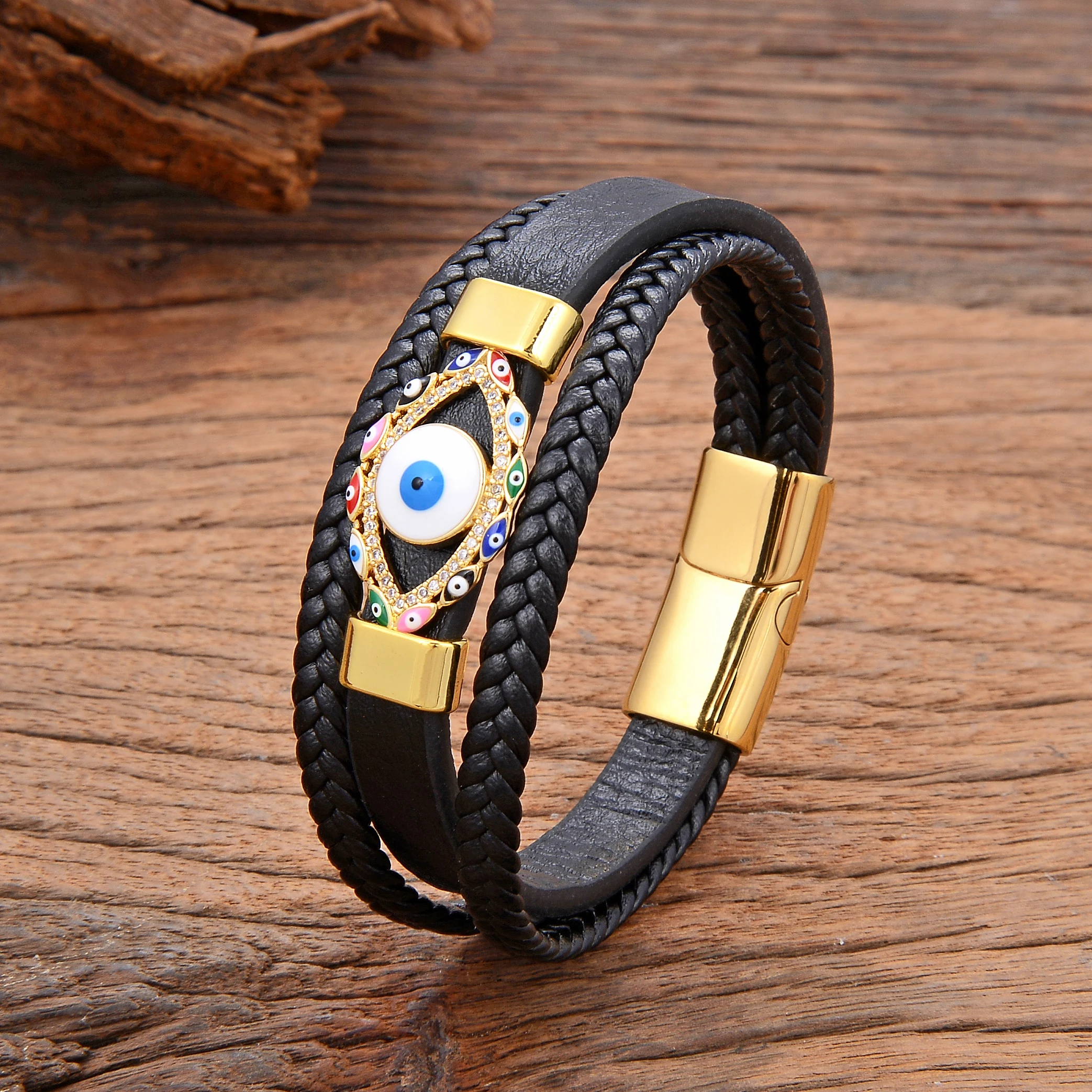 YISHUCHA New Multilayer Woven Leather Bracelet Turkish Blue Evil Eye Zircon Bracelet Punk Jewelry Fashion Charm Valentines Day G