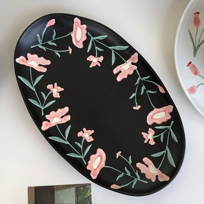 Retro Handmade Ceramic Glazed Fish Serving Platter Oval Dish for Restaurant Home Kitchen Dinnerware Bowl Salad Soup Pasta Steak
