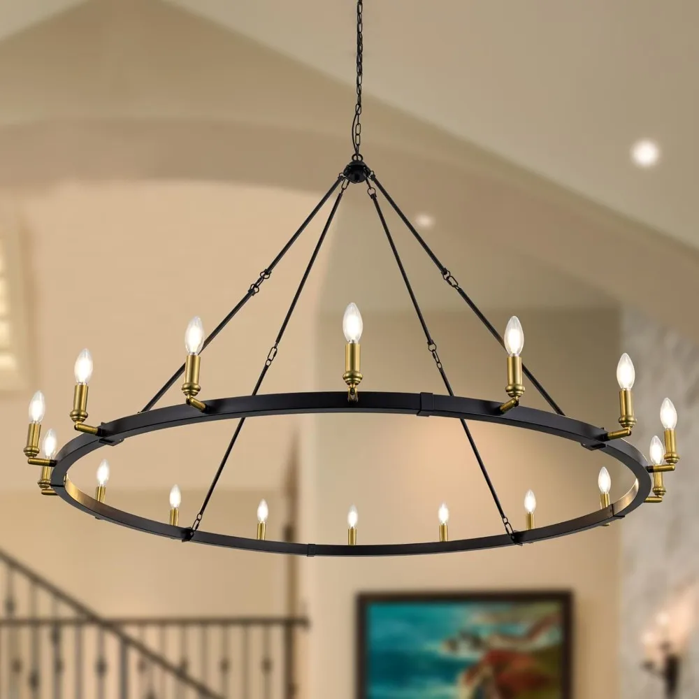 Black Gold Chandelier Light Fixture,60 Inch Modern Farmhouse Industrial Large Round Wagon, Dining Room, Bedroom, Kitchen, Foyer