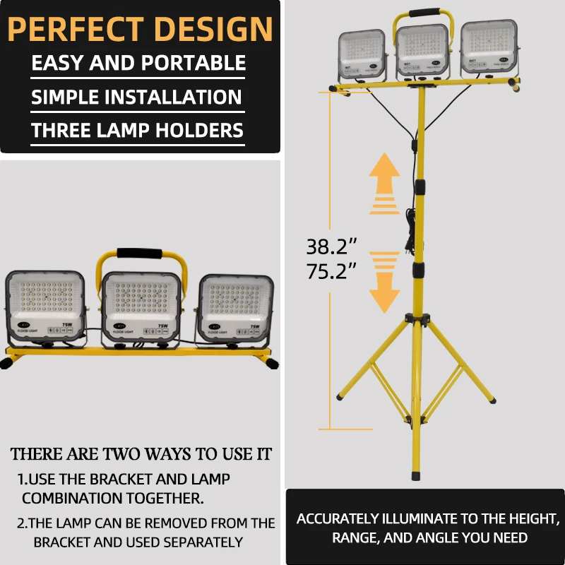 luzes de trabalho led multifuncionais portateis suporte telescopico ajustavel do tripe do metal para a industria do canteiro de obras 01