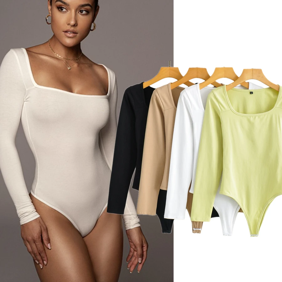 Jenny&Dave France Style Vintage Elastic Sheath Long SLeeve Square Collar Fashion Pure Color Cotton Bodysuits Women Tops