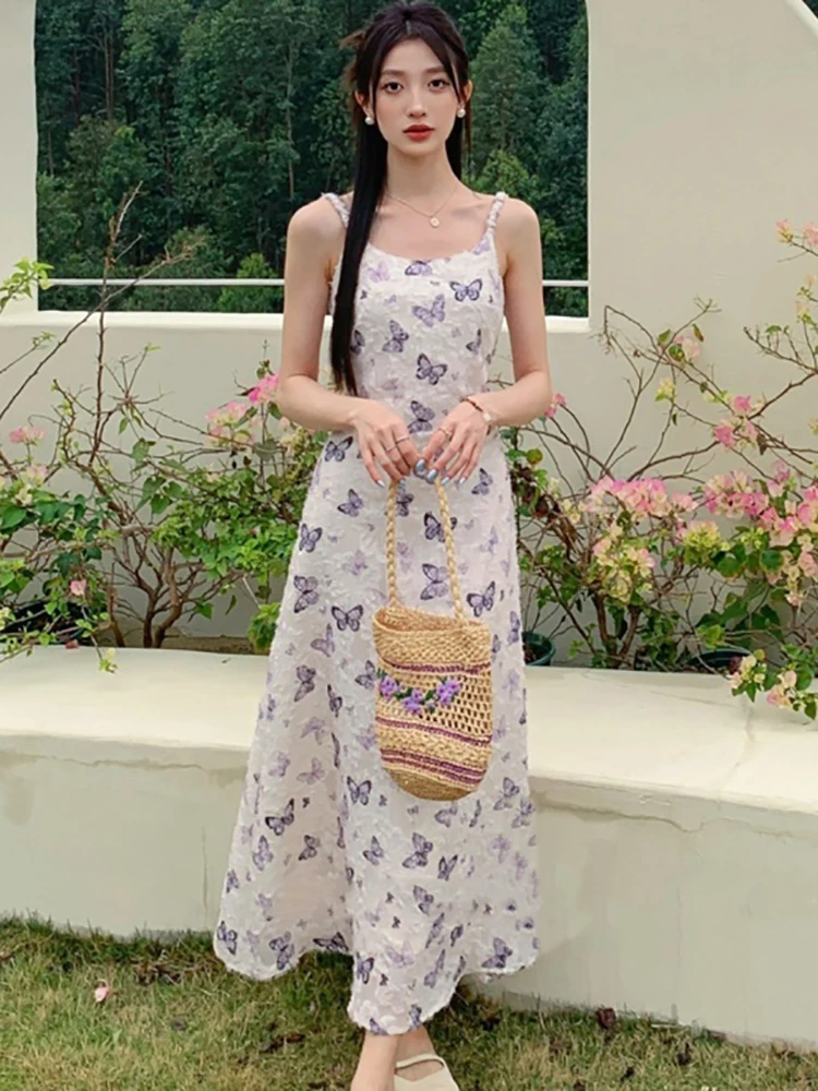 Letnia Sukienka na Ramiączkach z Żakardowym Nadrukiem, Elegancka, Seksowna, Długa, Damska, Boho, Elegancka, Codzienna Sukienka Domowa 2025, Koreańska Moda, Obcisła Sukienka Wieczorowa