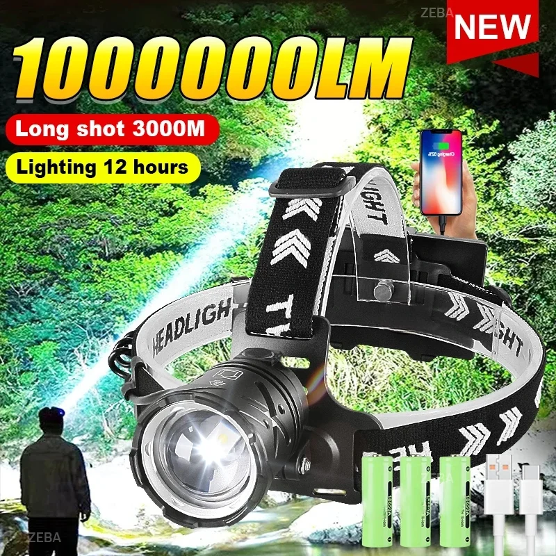 1000000LM Most Powerful Headlamp 18650 Rechargeable High Power LED Head Flashlight Fishing Head Lantern Professional Front Light