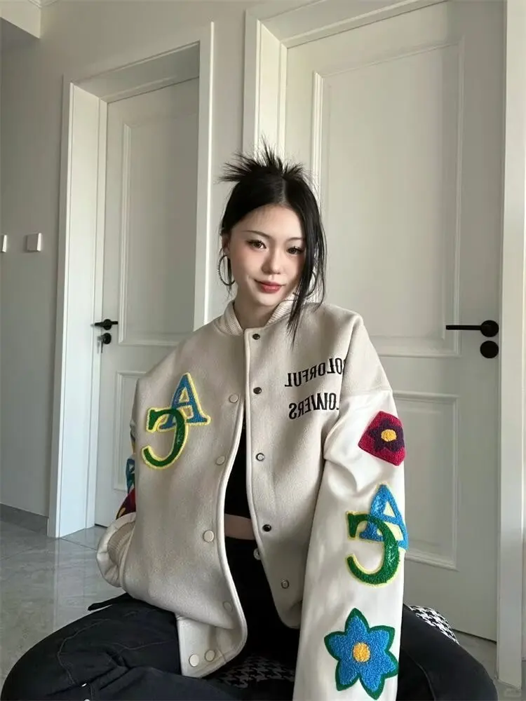 Retro American Embroidered Baseball Uniform Tide Ins Autumn And Winter Korean Version Of Loose Women\'s Jackets Sweet Coat Women