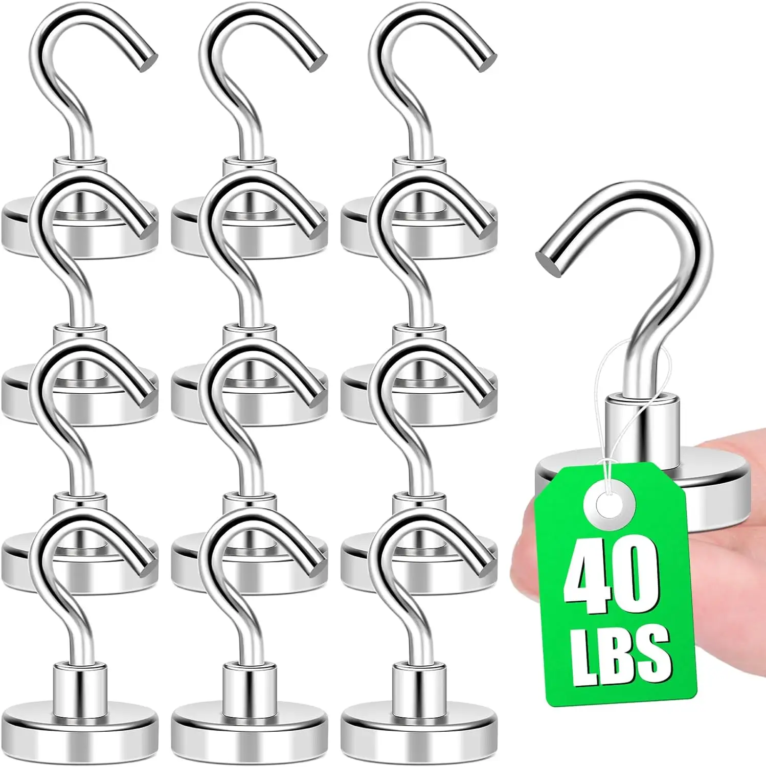 12pcs Pack Magnetic Hook Heavy Duty, 40 lbs (Approx. 18.1 kg) Magnet with Refrigerator Hook with Rust Resistant Metal Hook