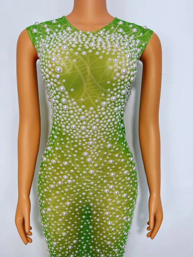 Zielony nadruk Białe perły Urodziny Świętuj Długa sukienka Bez rękawów Siateczka Przezroczysta Tancerka Pokaż Festiwal Odzież