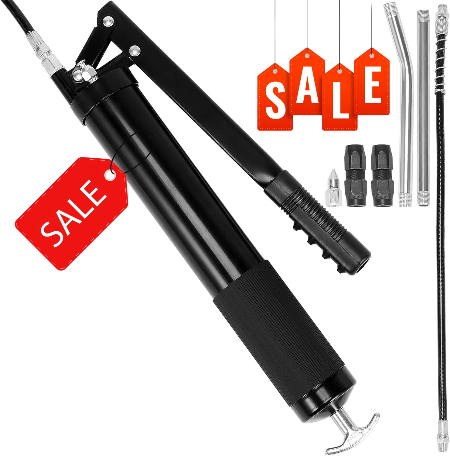 

20 OZ / 600 CC, Durable Lever Action. Includes 18.5'' Flexible Hose, Two Black Flat Couplers, and a Metal Straight Pipe